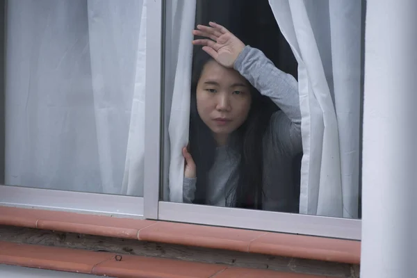 Girl Stress Home Dramatic Portrait Young Sad Depressed Asian Japanese — Stock Photo, Image