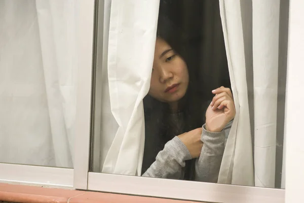 Chica Estrés Casa Dramático Retrato Joven Triste Deprimida Mujer Japonesa — Foto de Stock