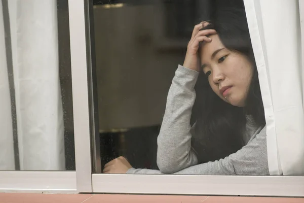 Lány Stressz Otthon Drámai Portré Fiatal Szomorú Depressziós Ázsiai Japán — Stock Fotó