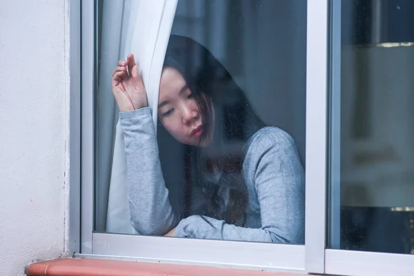 Lány Stressz Otthon Drámai Portré Fiatal Szomorú Depressziós Ázsiai Koreai — Stock Fotó
