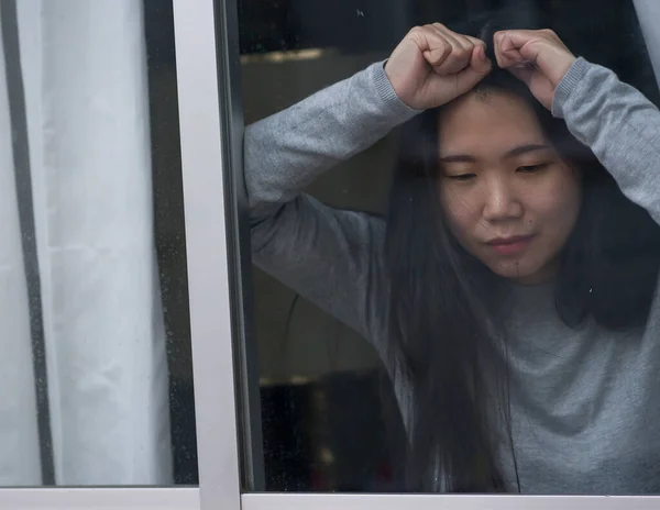 Lány Stressz Otthon Drámai Portré Fiatal Szomorú Depressziós Ázsiai Koreai — Stock Fotó