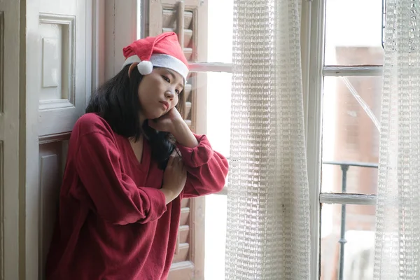 Sad Christmas Home Alone Covid19 Young Beautiful Depressed Asian Korean — Stock Photo, Image