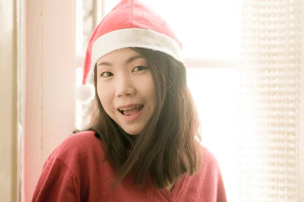 Lifestyle Home Portrait Young Beautiful Happy Asian Korean Woman Santa — Stock Photo, Image