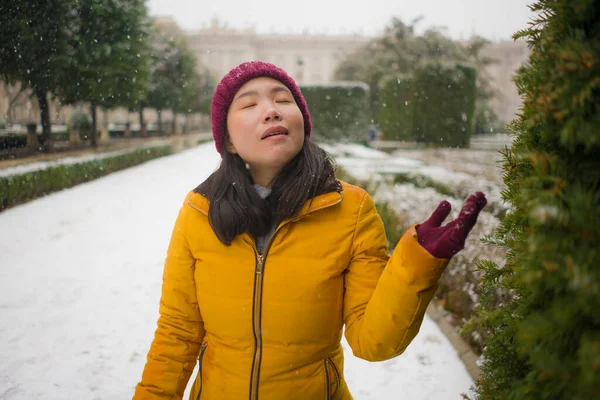 Jovem Feliz Atraente Mulher Chinesa Asiática Jaqueta Inverno Gorro Desfrutando — Fotografia de Stock