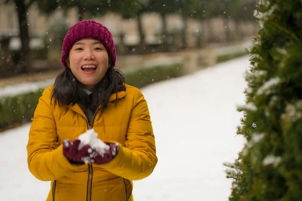 Joven Mujer Japonesa Asiática Feliz Atractiva Chaqueta Invierno Gorro Disfrutando — Foto de Stock