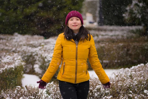 Jovem Feliz Atraente Asiático Japonês Mulher Inverno Jaqueta Gorro Desfrutar — Fotografia de Stock