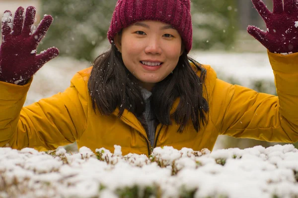 Joven Mujer Japonesa Asiática Feliz Atractiva Chaqueta Invierno Gorro Disfrutando — Foto de Stock