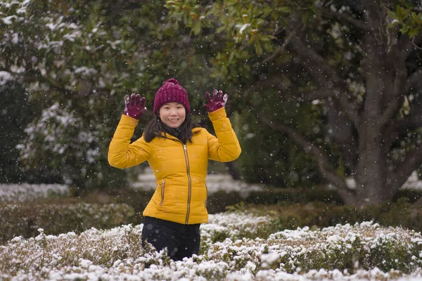 Joven Mujer Coreana Asiática Feliz Atractiva Chaqueta Invierno Gorro Disfrutando — Foto de Stock