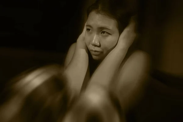 Asian Woman Suffering Depression Dramatic Artistic Portrait Young Beautiful Sad — Stock Photo, Image