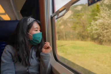 Tren yolculuğu, 19 yaşında mutlu ve tatlı Asyalı kadın maske takmış tren vagonunda seyahat ederken pencereden manzarayı seyrediyor ve tatil kaçamağının keyfini çıkarıyordu.