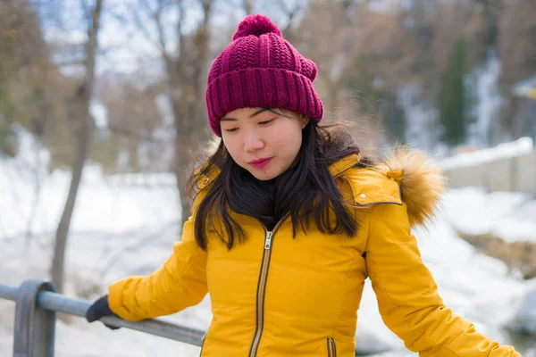 Inverno Estilo Vida Retrato Jovem Feliz Atraente Mulher Chinesa Asiática — Fotografia de Stock