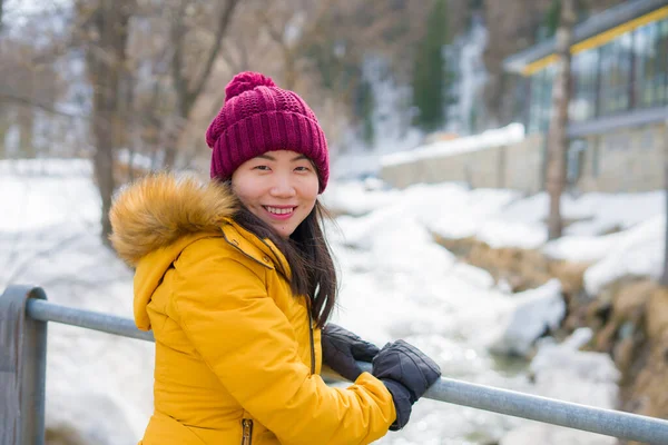 Inverno Estilo Vida Retrato Jovem Feliz Atraente Mulher Japonesa Asiática — Fotografia de Stock