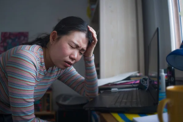 Lifestyle Portrait Young Stressed Worried Asian Chinese Woman Working Home — Stock Photo, Image