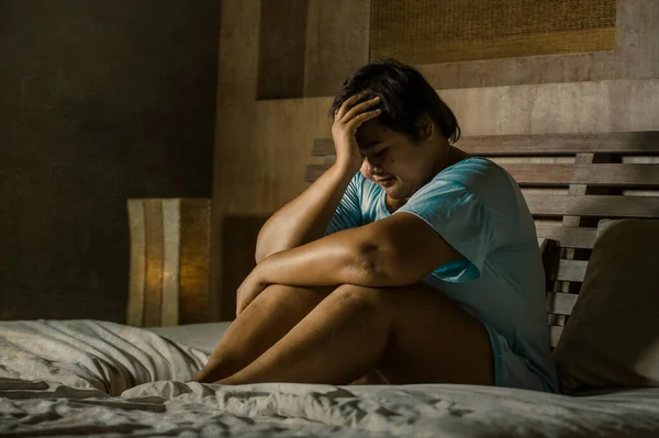 Dramatic Portrait Young Sad Depressed Fat Chubby Asian Girl Crying — Stock Photo, Image