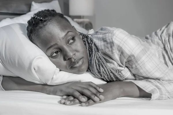 Young African American Girl Night Suffering Depression Insomnia Attractive Sad — Stock Photo, Image