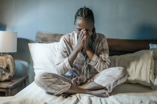 Young African American Girl Night Suffering Depression Insomnia Attractive Sad — Stock Photo, Image