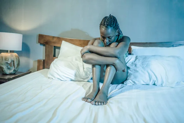 Young Sad Depressed Black Afro American Woman Lying Bed Home — Stock Photo, Image
