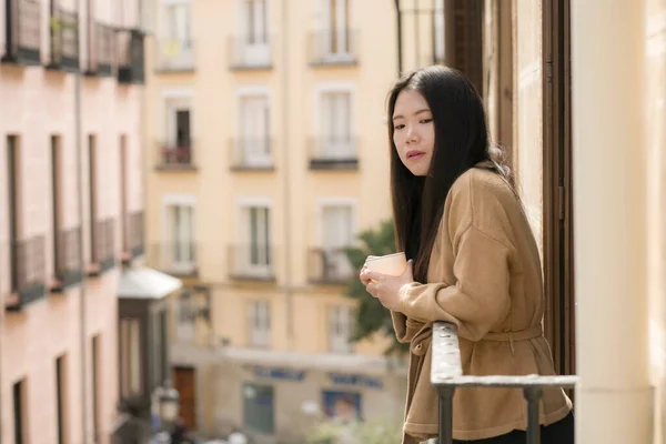 Lifestyle Portrait Young Beautiful Thoughtful Asian Korean Woman Home Hotel — Stock Photo, Image