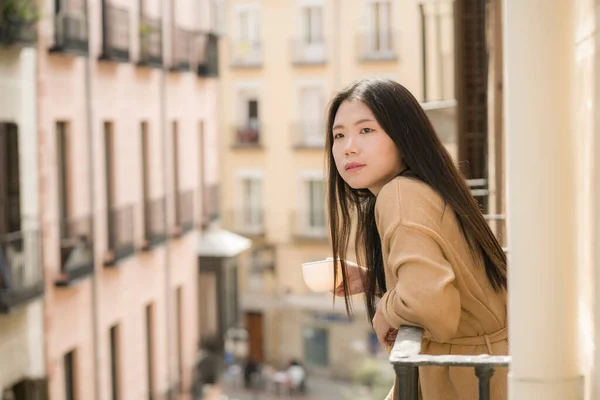 Lifestyle Portrait Young Beautiful Thoughtful Asian Korean Woman Home Hotel — Stock Photo, Image