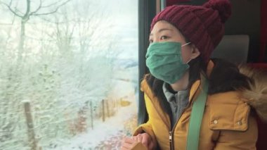 Tren, 19 yaşında, mutlu ve güzel Asyalı kadın maske takmış, kış kaçamağı sırasında kar manzaralı vagon penceresinden dışarı bakıyor.