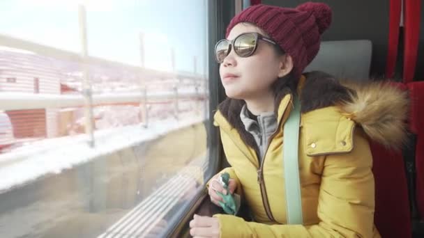 Podróż Pociągiem Młoda Szczęśliwa Piękna Azjatycka Japonka Ciesząca Się Śnieżnym — Wideo stockowe