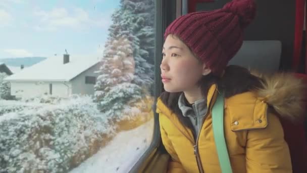 列車旅行休暇 冬の休暇旅行中に鉄道の窓から雪景色を楽しむ若い幸せと美しいアジアの日本人女性 — ストック動画