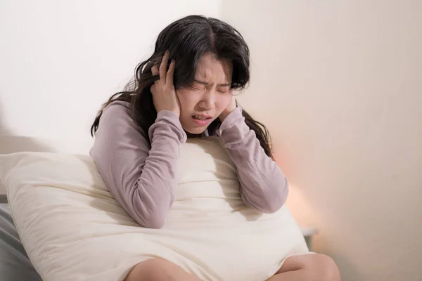 Young Asian Woman Depressed Young Beautiful Sad Japanese Girl Bed — Stock Photo, Image