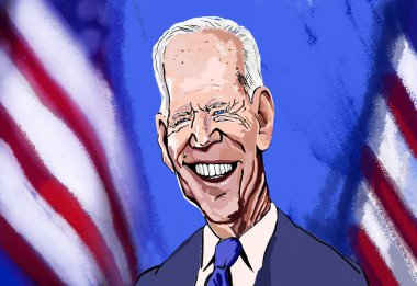 25 Mayıs 2021: Joe Biden 'ın kalem ve pastel boyalı karikatürü, Amerika Birleşik Devletleri Başkanı barların önünde ve yıldızların önünde.