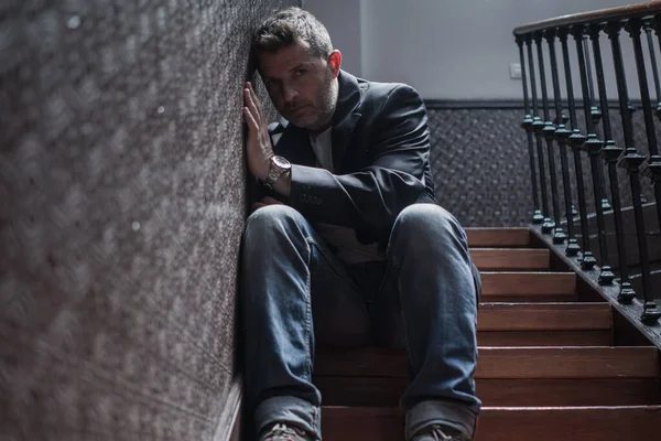 Unemployment Divorce Dramatic Lifestyle Portrait Sad Depressed Man His 40S — Stock Photo, Image