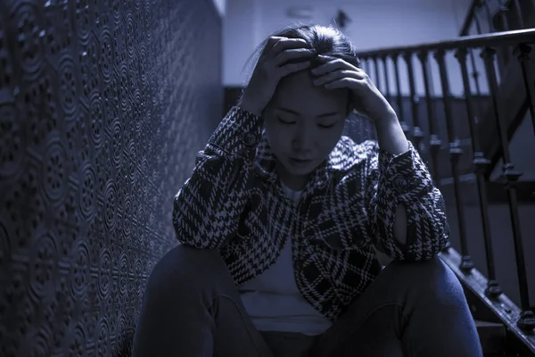 Young Beautiful Asian Woman Pain Suffering Depression Dramatic Indoors Portrait — Stock Photo, Image