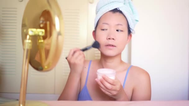 Mulher Asiática Maquiagem Estilo Vida Tiro Menina Coreana Bonita Feliz — Vídeo de Stock