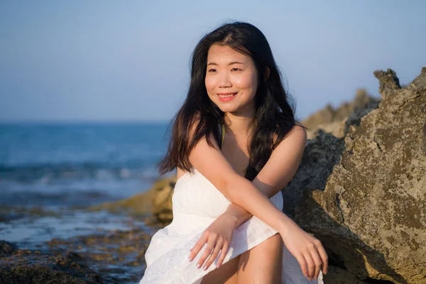 Young Happy Beautiful Asian Woman Sea Attractive Chinese Girl White —  Fotos de Stock