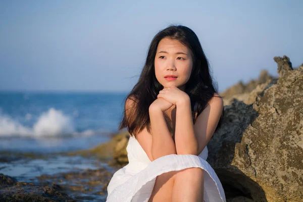 Young Happy Beautiful Asian Woman Sea Attractive Chinese Girl White —  Fotos de Stock
