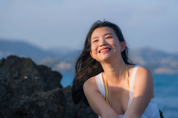 Young Happy Beautiful Asian Woman Sea Attractive Japanese Girl White — Foto de Stock