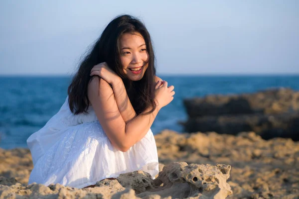 Young Happy Beautiful Asian Woman Sea Attractive Korean Girl Cheerful — Fotografia de Stock