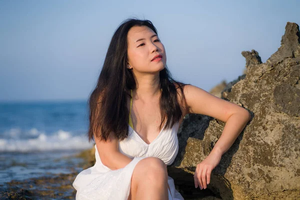 Young Happy Beautiful Asian Woman Sea Attractive Korean Girl White — Fotografia de Stock