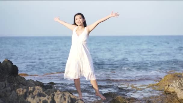 Estilo Vida Verano Retrato Joven Hermosa Feliz Mujer Asiática Playa — Vídeo de stock