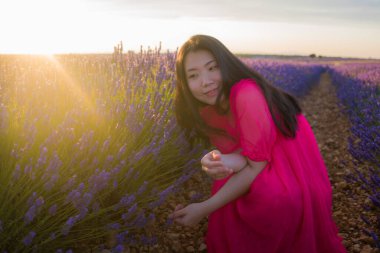 Genç ve güzel Asyalı yaz elbiseli kadın romantik ve güzel mor lavanta çiçekleriyle eğleniyor doğa güzelliği kavramında.