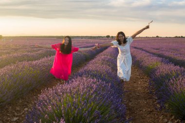 Genç, mutlu ve güzel Asyalı kadın lavanta çiçeği tarlasında İspanyol kız arkadaşıyla birlikte rahat ve kaygısız tatillerin tadını çıkarıyor. 