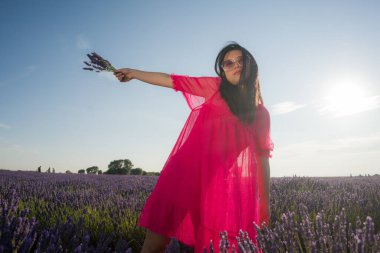 Genç Asyalı kadın lavanta çiçekleri tarlasında mutlu ve güzel bir Çinli kız tatlı mavi elbisesiyle tatilin tadını çıkarıyor mor çiçekli çayırlarda dinleniyor.