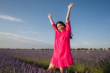 Genç Asyalı kadın lavanta çiçekleri tarlasında mutlu ve güzel bir Çinli kız tatlı mavi elbisesiyle tatilin tadını çıkarıyor mor çiçekli çayırlarda dinleniyor.