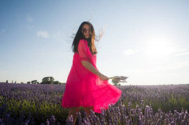 Lavanta çiçekleri tarlasında genç Asyalı bir kadın. Mutlu ve güzel bir Japon kızı. Tatlı, mavi yaz elbisesi içinde.