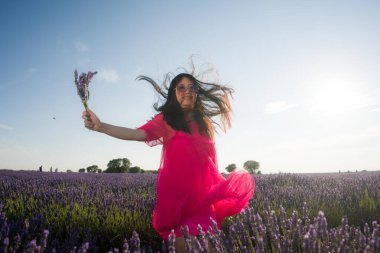 Genç Asyalı kadın lavanta çiçekleri tarlasında - Mutlu ve güzel Koreli kız tatlı mavi elbisesiyle tatilin tadını çıkarıyor mor çiçekli çayırda dinleniyor