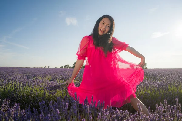 Lavanta çiçekleri tarlasında genç Asyalı bir kadın. Mutlu ve güzel bir Japon kızı. Tatlı, mavi yaz elbisesi içinde.