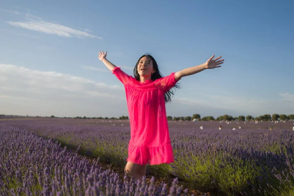 Jovem Mulher Asiática Livre Campo Flores Lavanda Menina Coreana Feliz — Fotografia de Stock