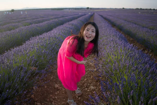 Jovem Mulher Asiática Livre Campo Flores Lavanda Menina Coreana Feliz — Fotografia de Stock