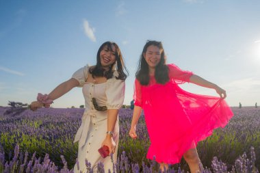 Genç, mutlu ve güzel Asyalı kadın lavanta çiçeği tarlasında İspanyol kız arkadaşıyla birlikte rahat ve kaygısız tatillerin tadını çıkarıyor. 