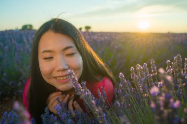 Genç ve güzel Asyalı yaz elbiseli kadın romantik güzellik ve özgürlük konseptiyle gün batımında mor lavanta çiçekleri tarlasında özgürce eğleniyor.