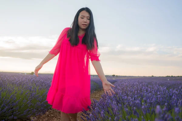 여름옷을 행복하고 아름다운 아시아인 연보라색 라벤더 야외에서 자유롭고 장난기있는 자연을 — 스톡 사진