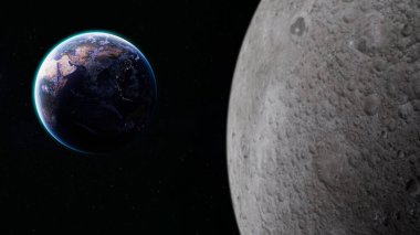 Mavi atmosferiyle dünya gezegeninin güzel manzarası ve evrendeki uzaydan Ay 'ın yüzeyi güneş sistemi bilimi ve küresel konseptiyle